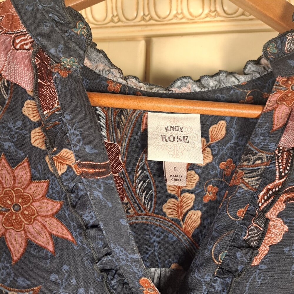 Knox Rose Midi Short Sleeve Blue Pink Floral Tiered Boho Print Dress Size Large - Picture 6 of 13